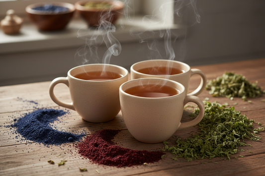 3 steaming cups of tea with ground blueberry, ground elderberry and nettle spread around them 