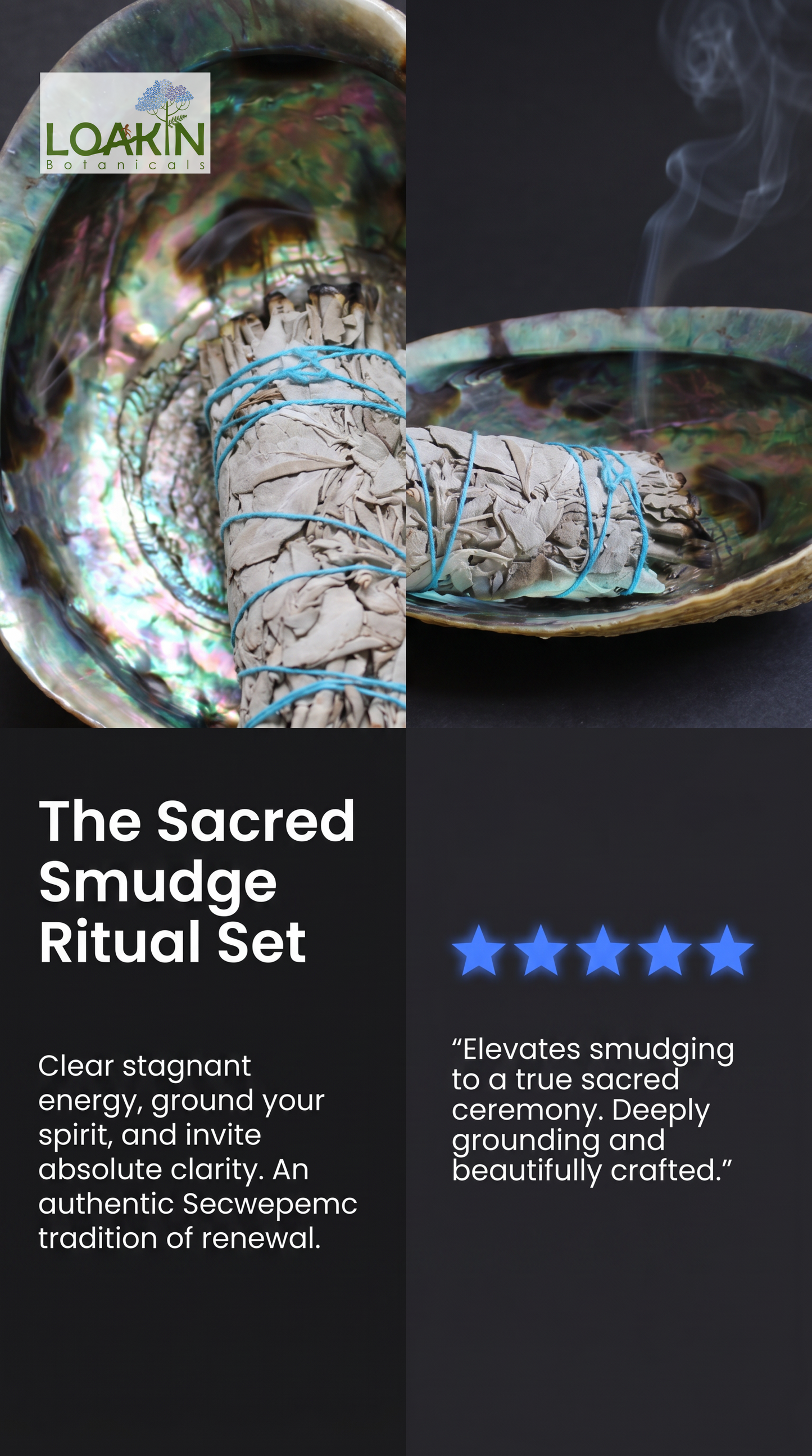 Smudge ritual set with blue-tied sage bundle in iridescent abalone-shell incense dish, close-up
