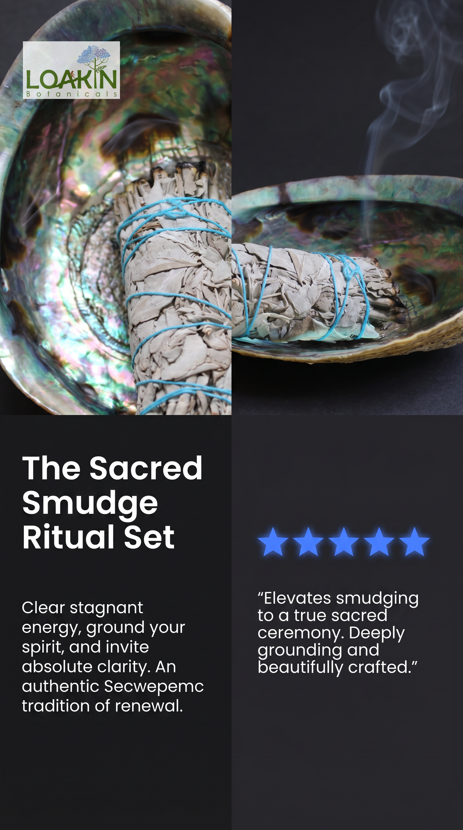 Smudge ritual set with blue-tied sage bundle in iridescent abalone-shell incense dish, close-up
