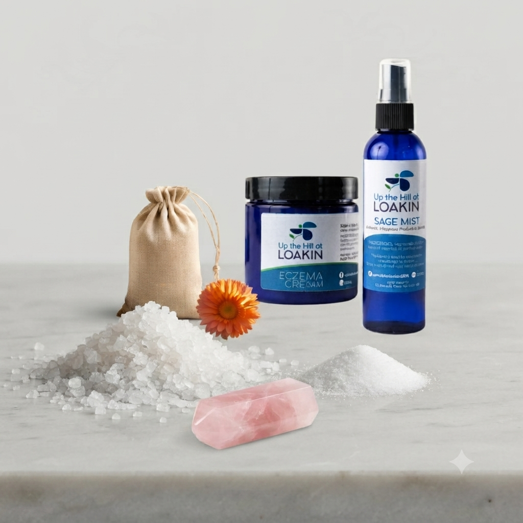 Loakin healing ritual skincare set: blue mist bottle, cream jar, crystals, rose quartz