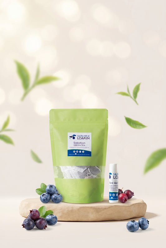 Green supplement pouch with small lotion bottle and berry accents on wooden tray