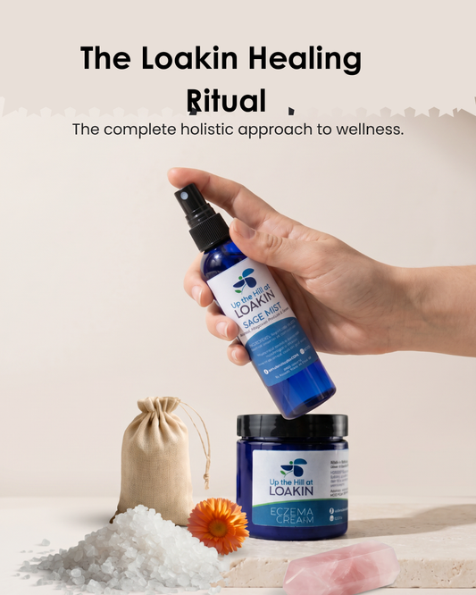 Loakin healing ritual skincare set: blue spray bottle, cream jar, crystals, rose quartz