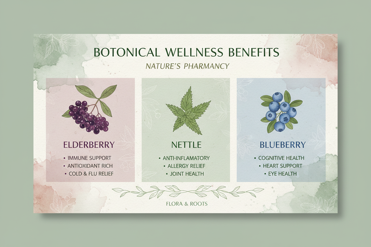 card with benefits of elderberry, nettle and blueberry 