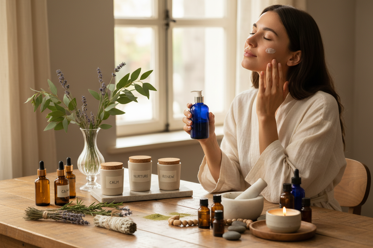 create a herbal wellness self care image with a woman applying cream from a dk blue bottle, add the other apothecary items too
